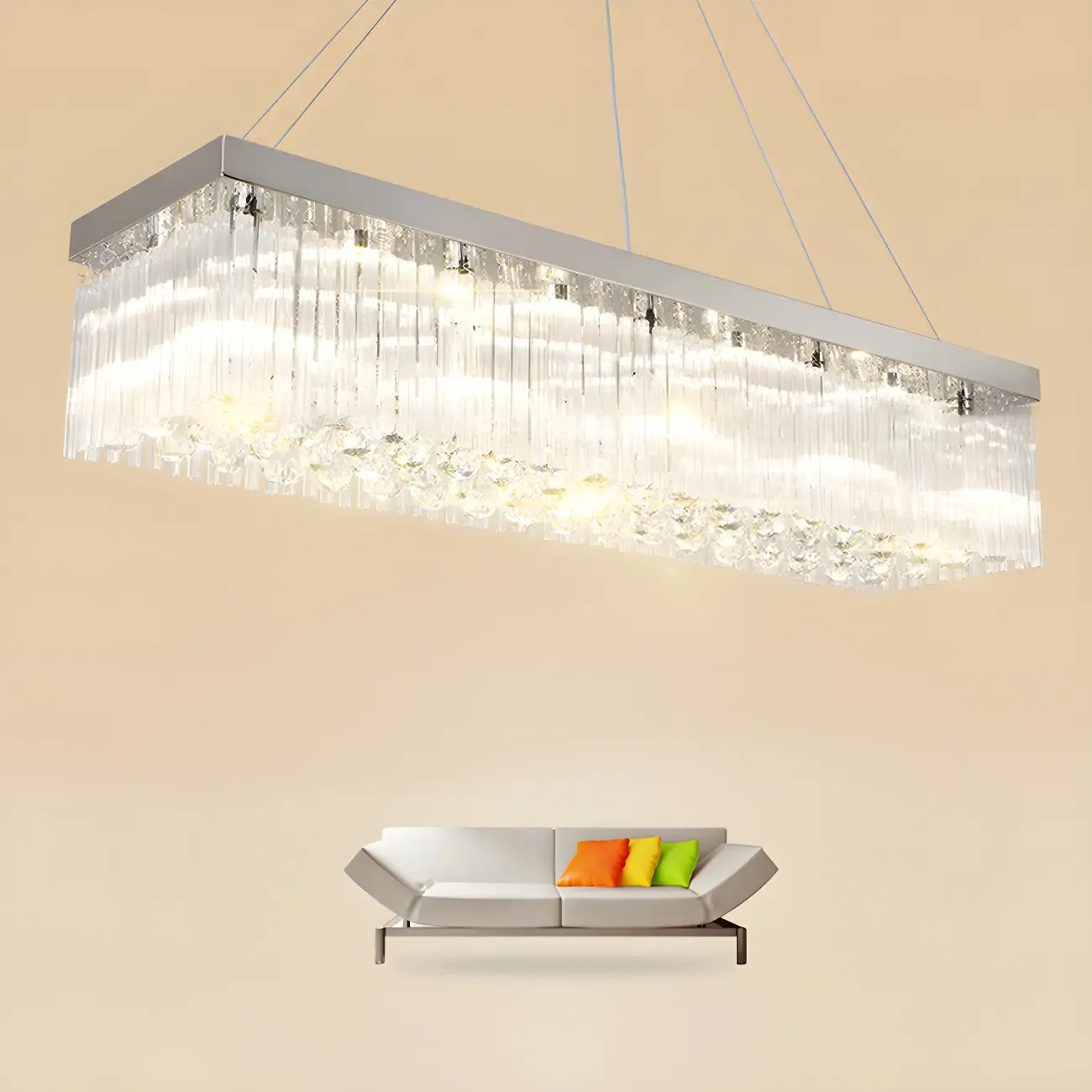Modern Silver Crystal Rectangle Island Chandelier