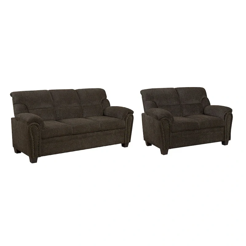 Brown Upholstered Living Room with Nailhead Trim – Transitional Style