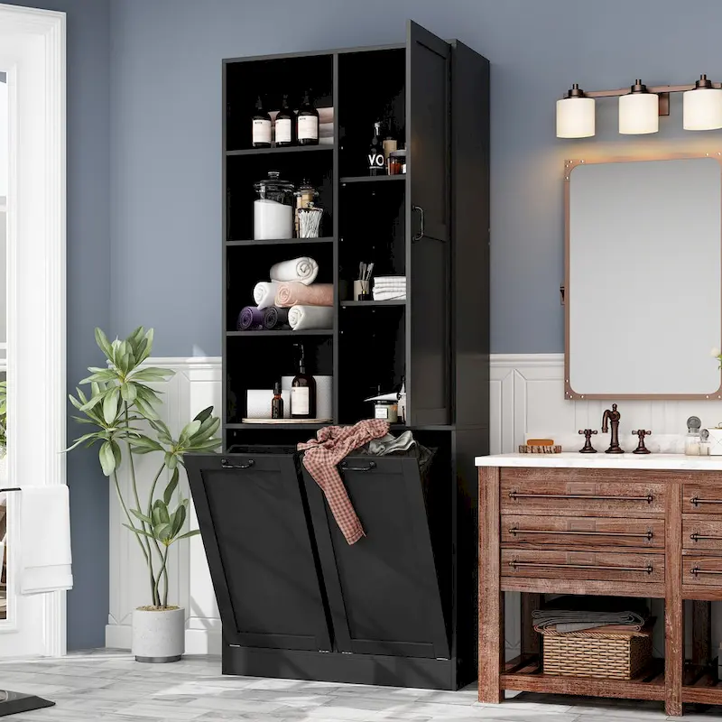Sleek White Laundry Bathroom Cabinet with Unique Rotating Drawers