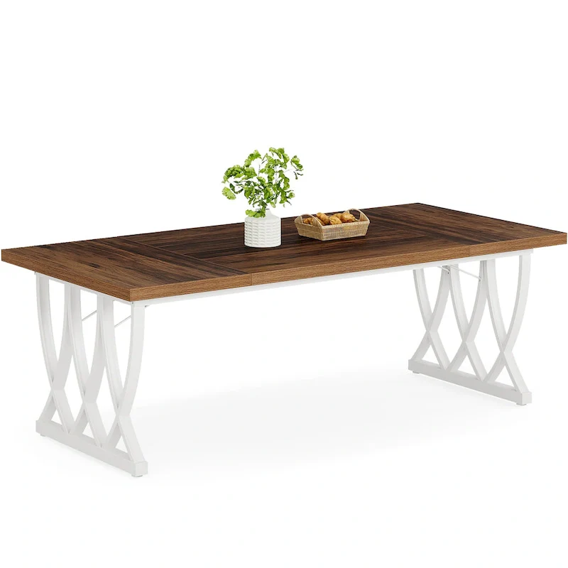 Brown & White Rectangular Dining Table, MDF & Metal, Seats 6–8