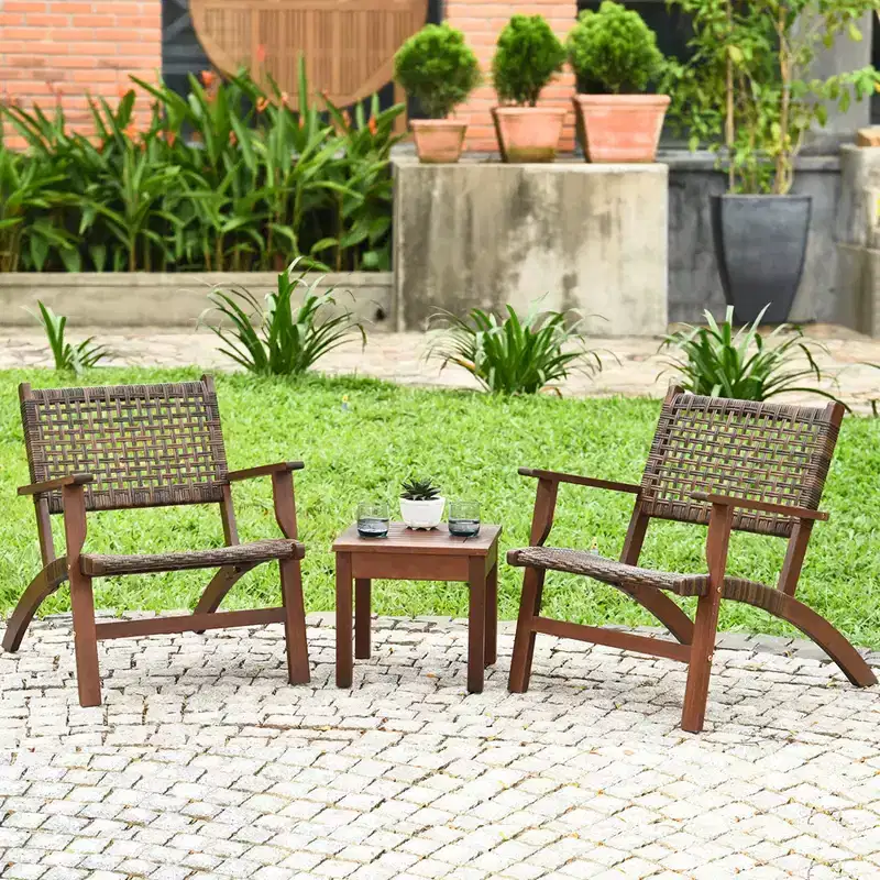 Costway 3PCS Patio Rattan Furniture Set Solid Eucalyptus Wood Frame Bistro Set with Coffee Table Patio Conversation Set (Brown)