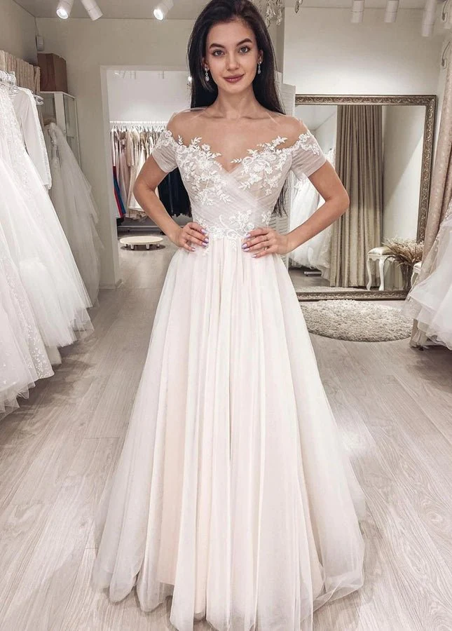 Short Sleeves Illusion Neckline A-line Lace Appliques Covered-Button Wedding Dresses