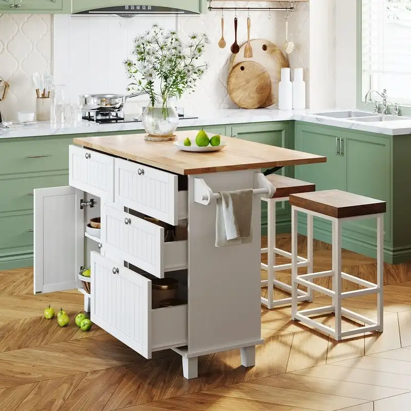 Natural Wood Kitchen Island with Drop Leaf - 2 Stools