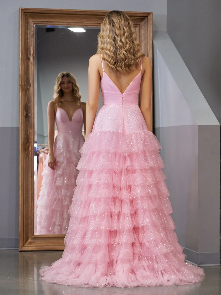 Light Pink A-Line Tiered Spaghetti Straps Tulle Prom Dress