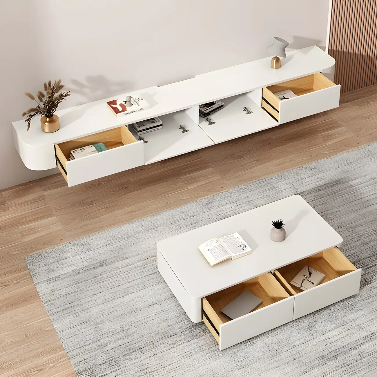 Modern Solid Wood Floating TV Stand with Drawers