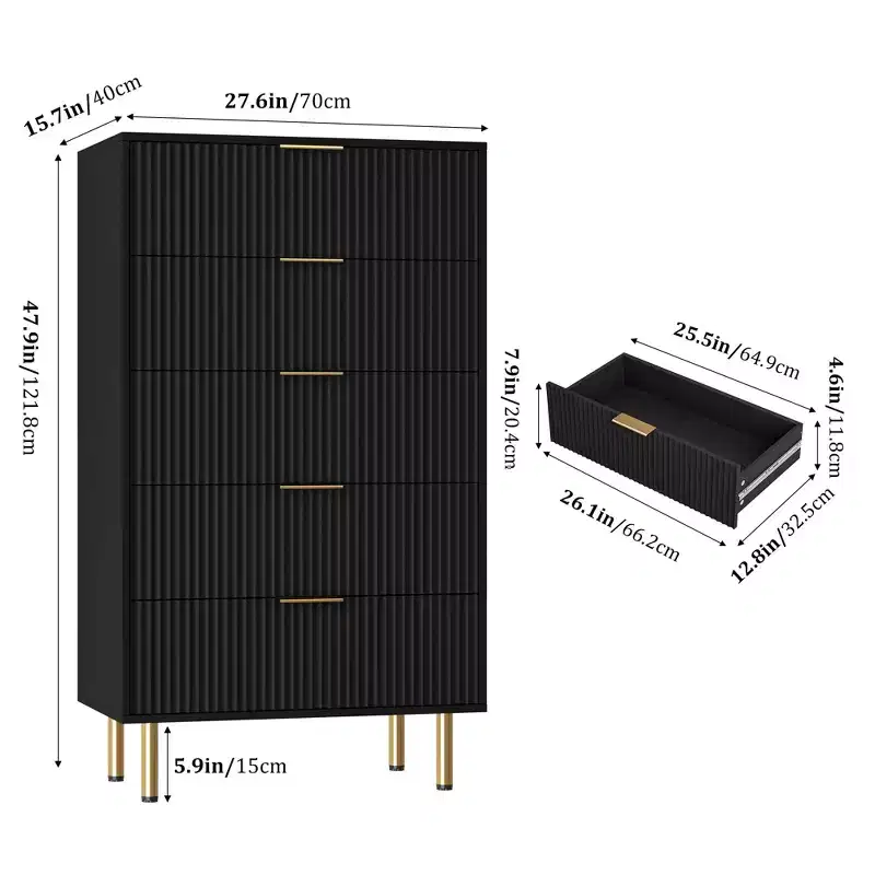 5 Drawer Dresser for Bedroom, 47 Tall Wooden Chest of Drawers with Gold Handle, Fluted Storage Dresser Organizer, Closet Dresser for Bedroom
