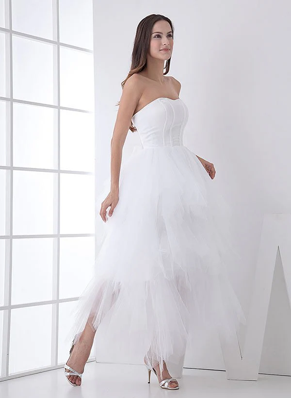 White Classic Strapless Satin High Low Wedding Dress