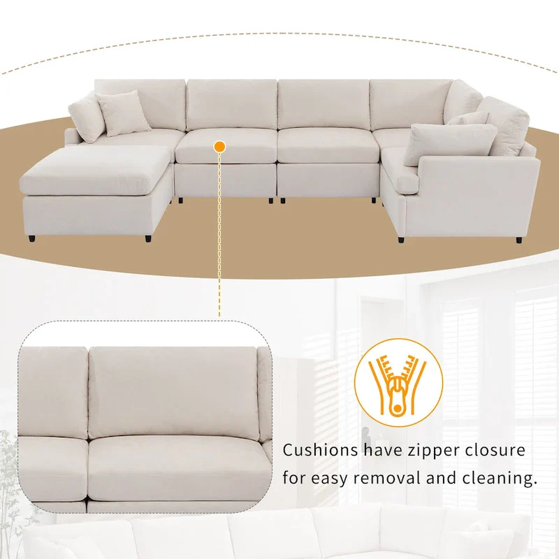 100.4 Spacious U-Shape 6 Seater Sectional Sofa with Removable Ottomans and Pillow, Flexible Configuration