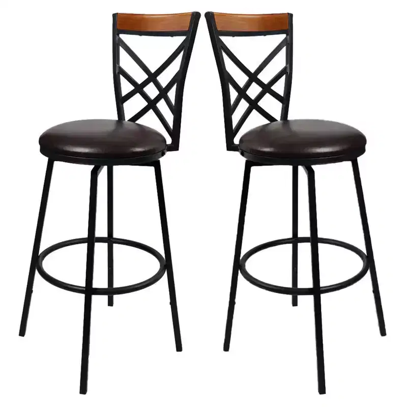 eHemco Swivel Metal Kitchen Counter Barstool with Double X Back Upholstered Faux Leather Seat, Espresso and Black, Set of 2
