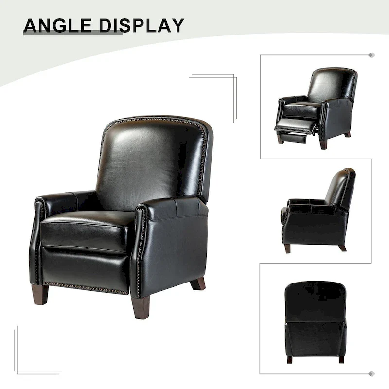 Modern Retro Genuine Leather Recliner with Nailhead Trim & Wooden Frame