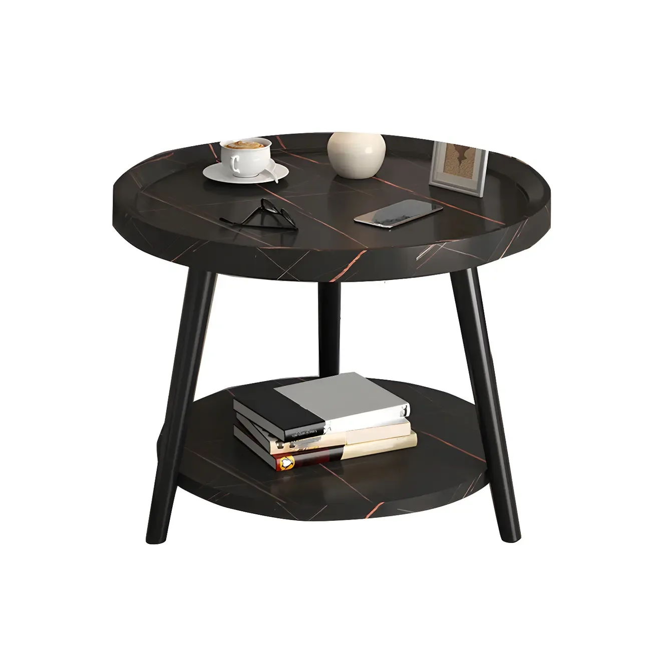 Natural Espresso Wood Small Round End Side Table with Tray Top & Shelf