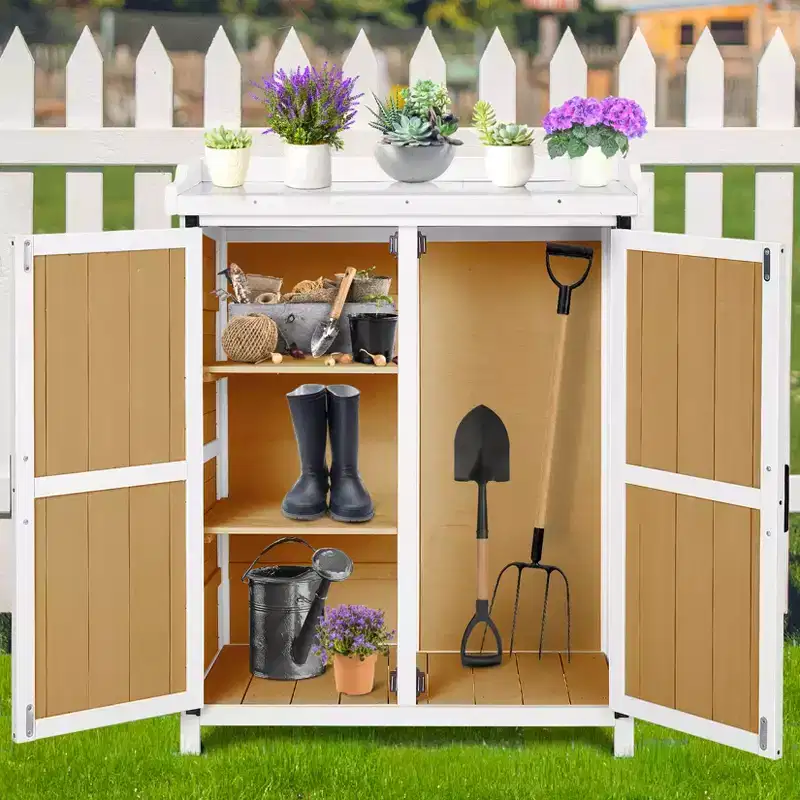 COZONY Outdoor Wooden Storage Cabinet with Metal Top Waterproof Double Door Garden Potting Workbench for Backyard Patio