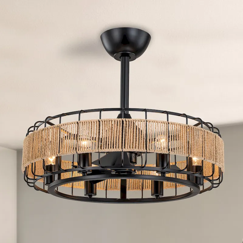 C Cattleya 23  3 Blades 6-Light Black Ceiling Fan with Paper Rope Shade