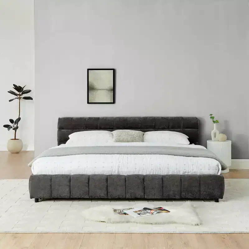 MAYEERTY King Size Upholstered Bed with Headboard Solid Bed Frame Drawer for Bedroom Dark Gray