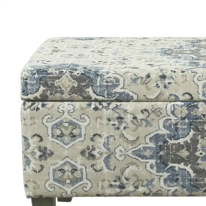 Medallion Print Fabric Upholstered Wooden Bench With Hinged Storage, Large, Blue and Cream