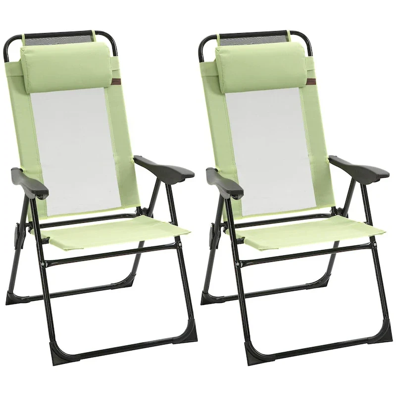 Folding Patio Chairs Set of 2, Deck Chair with Adjustable Sling Back, Camping Chair with Removable Headrest