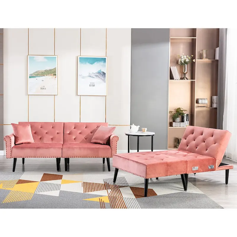 Convertible Velvet Sofa Couch, Sectional Sofa with Ottoman, Mid-Century Futon Sofa Bed - 32D x 100.7W x 29.9H