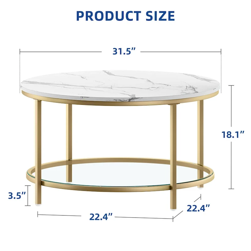 White Marble Pattern Round Coffee Table with Glass 2-Tier Circle Gold Frame