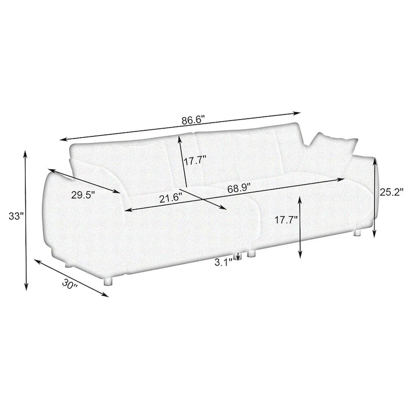 86.6  Modern Teddy Velvet Triple Sofa with 4 Pillows and Metal Legs