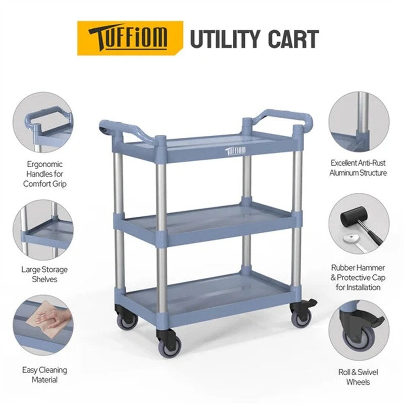 3 Tier Medium 390lbs Capacity Plastic Utility Cart with Wheels Grey