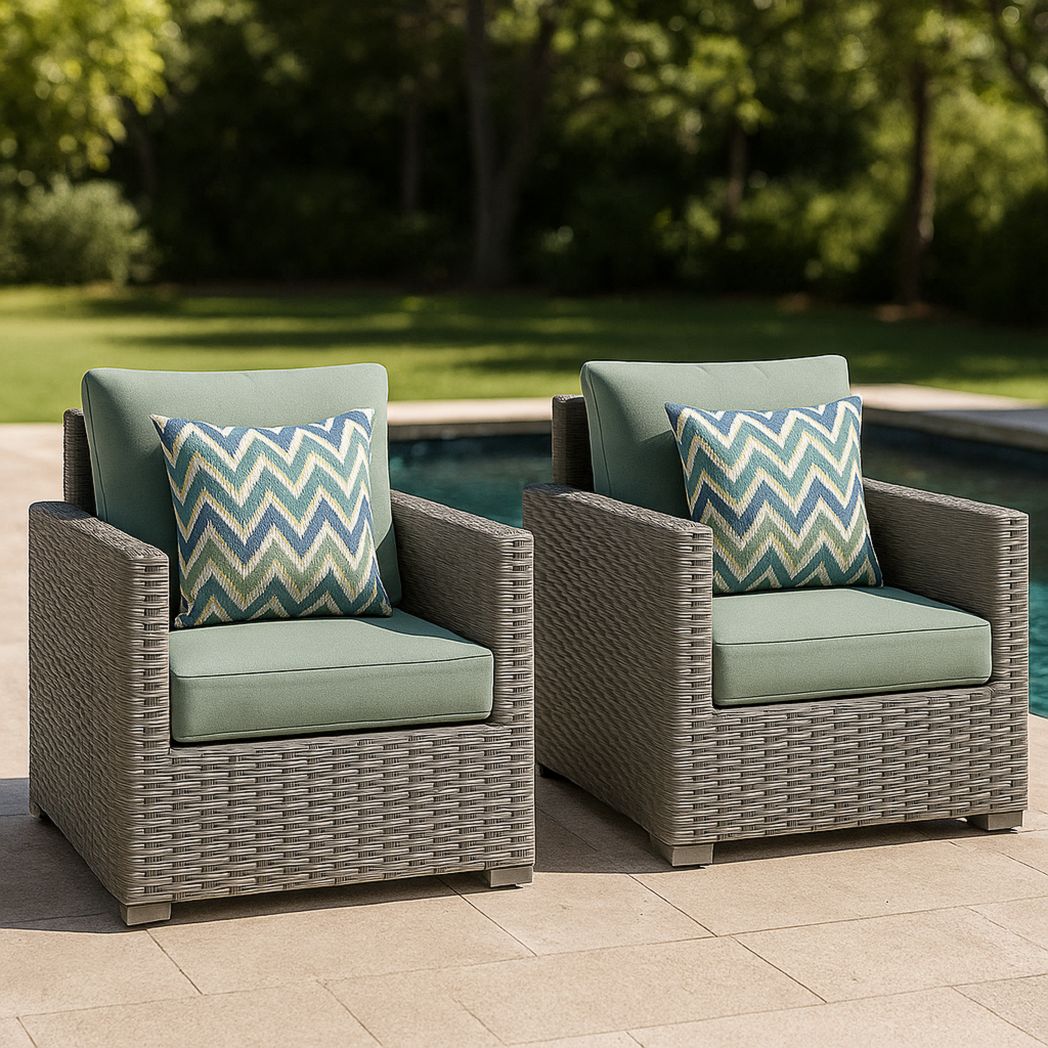Ensemble de 2 Fauteuils de Jardin en Matériau Tressé Gris avec Coussins en Polyester Vert