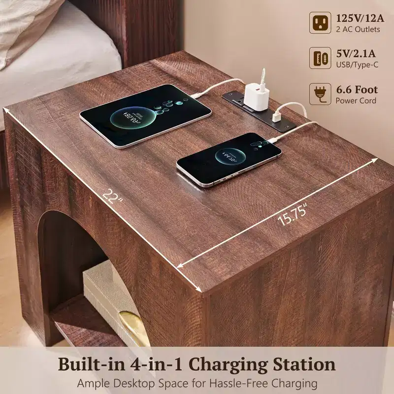 End Tables Set of 2 with Charging Station, 22 Modern Bedside Table with Arched Open Shelf, End Table with Storage for Living Room, Bedroom