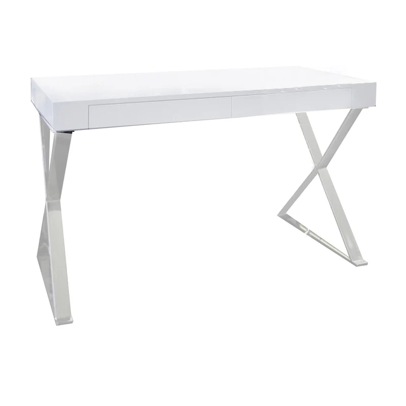 47-Inch Office Desk, White Wood Top, 2 Drawers, X Polished Steel Legs