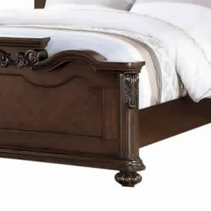 Dark Walnut Carved & Upholstered Wooden Queen Bed