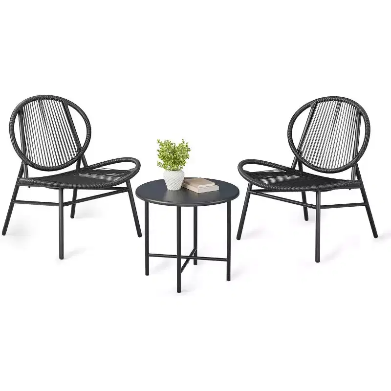 Acekool 3-Piece Outdoor Patio Bistro Set,Powder-Coated Steel Chairs & Side Table, Weather-Resistant Black Furniture for Garden, Balcony, Backyard