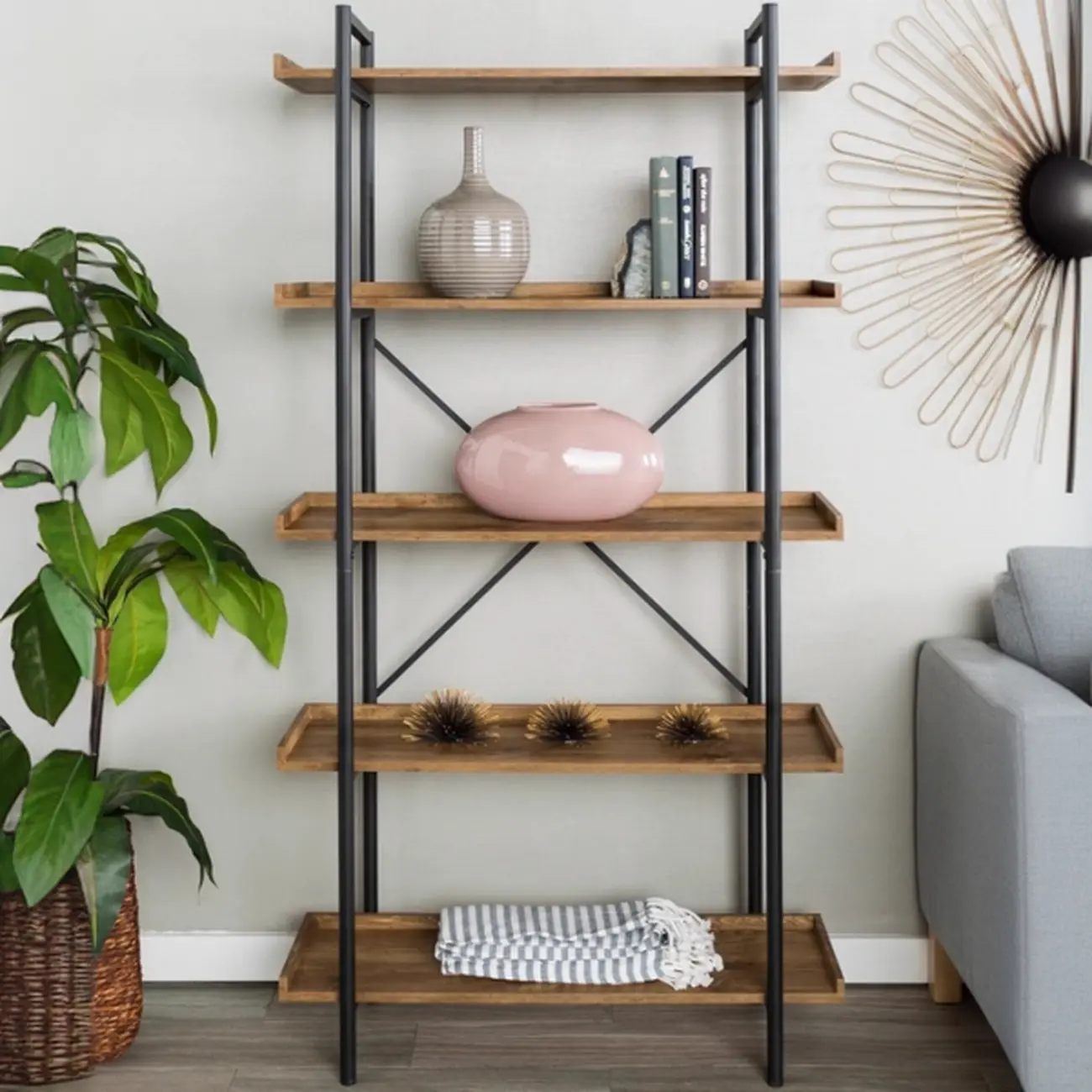 5-Tier Open Back Metal Frame Rectangular Bookcase
