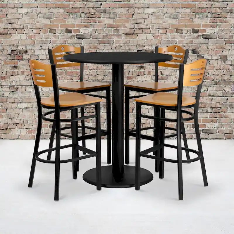 36 Round Laminate Table Set with 4 Metal Barstools - Natural Wood Seat