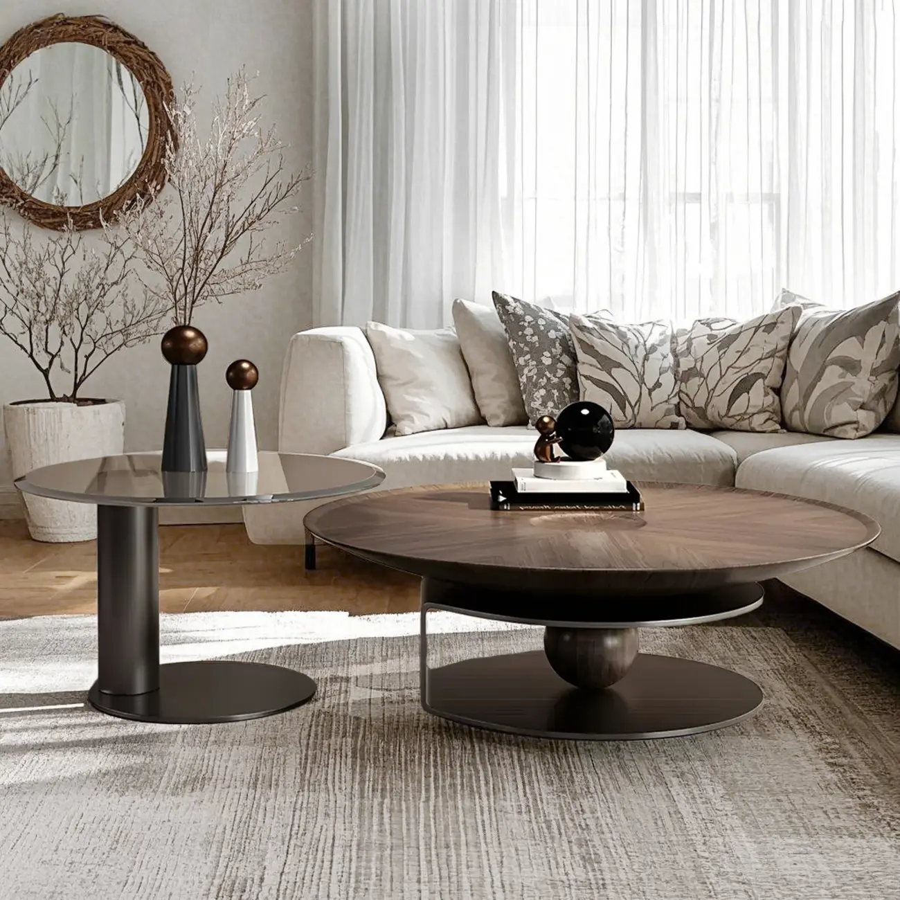 Brown Round Metal Base Wooden Coffee Table