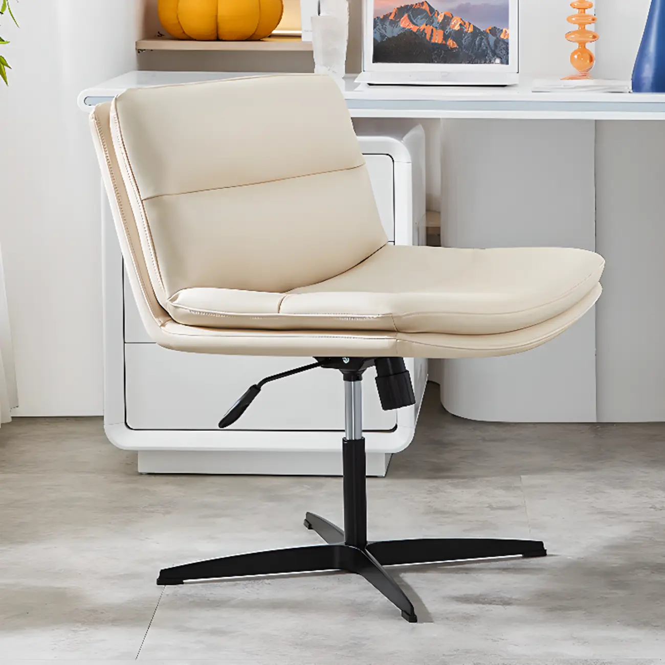 Beige Leather Armless Swivel Wide Office Chair