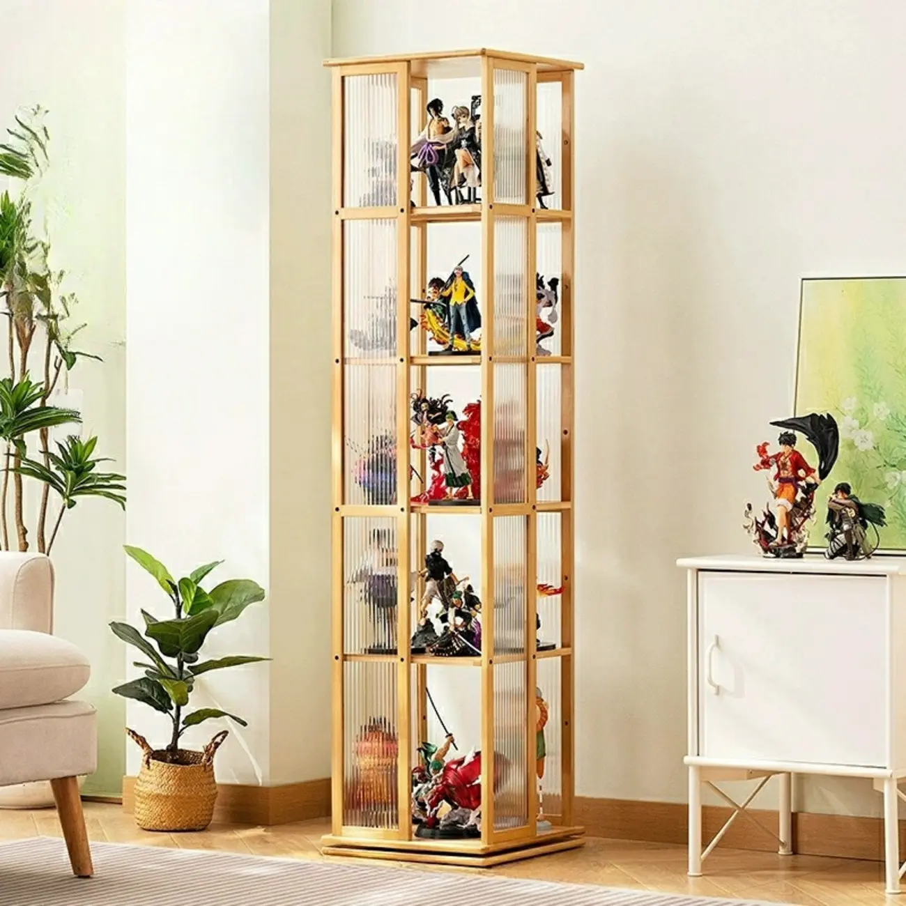 Modern Black Bamboo Tall Narrow Glass Open Display Cabinet