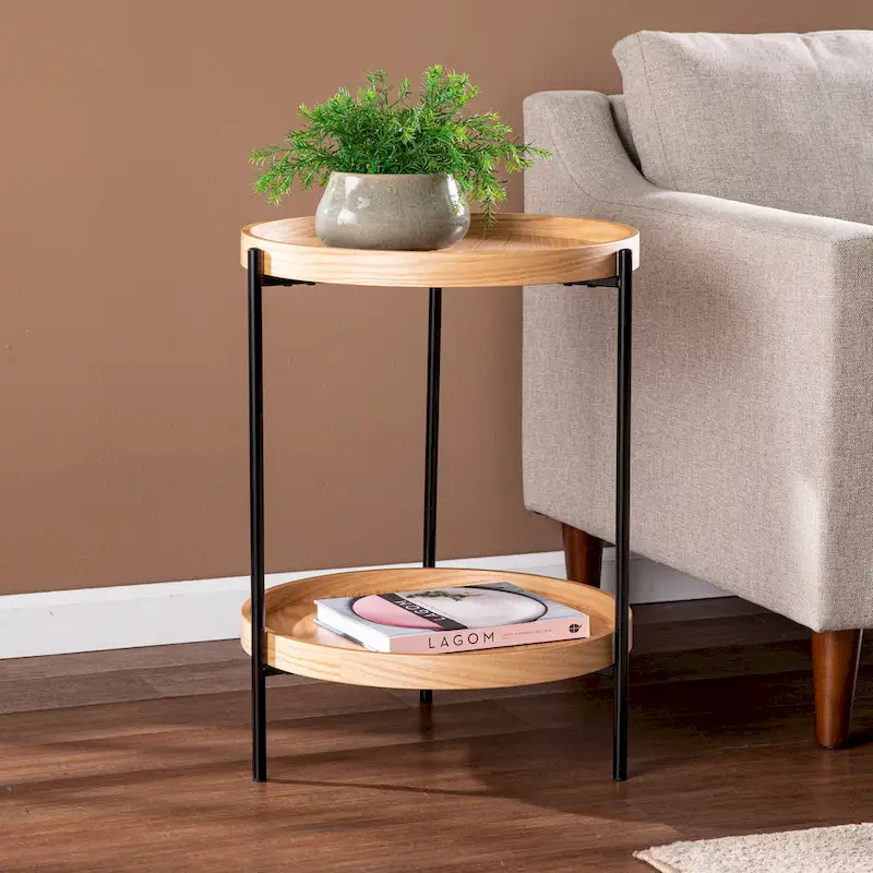 Round Wood Side Table with Metal Frame and Shelf