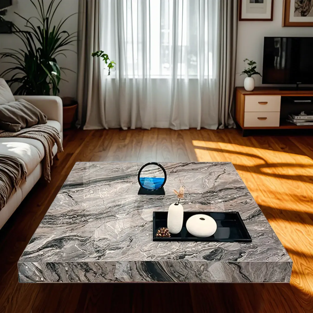 Modern Grey Square Coffee Table with Stainless Steel Base