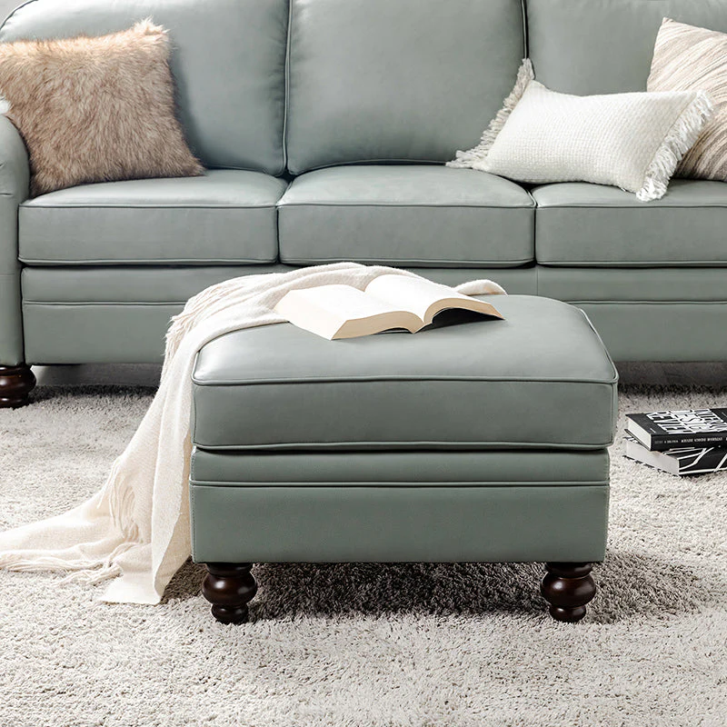 Genuine Leather Ottoman with Removable Cushion, Spring Base & Walnut Rubber Wood Legs | Black / Camel / Sage / Brown / Navy | Single