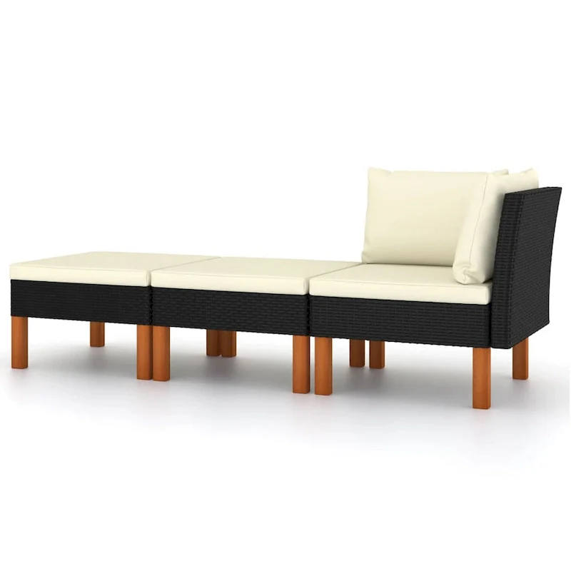 3pc Outdoor Modular Corner Sofa Set, Black Poly Rattan Ivory Polyester