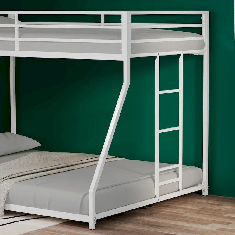 White Twin over Full Metal Bunk Bed with Ladder & Guardrail – Sleeps 2