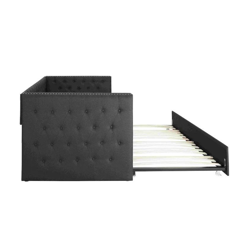 Upholstered Twin Daybed with Trundle - Button Tufted - Nailhead Trim
