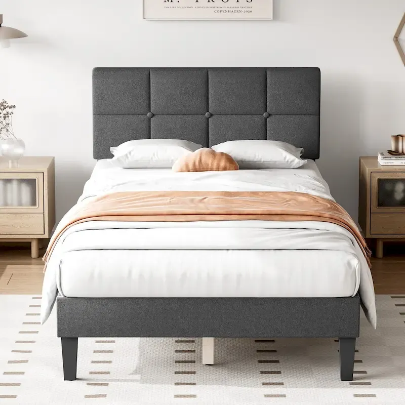 Dark Grey Queen Size Linen Upholstered Platform Bed with Adjustable Headboard and Solid Wooden Slats Support