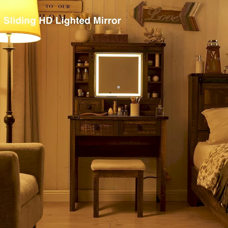 Farmhouse Makeup Vanity Desk, Vanity Dressing Table, Stool Included