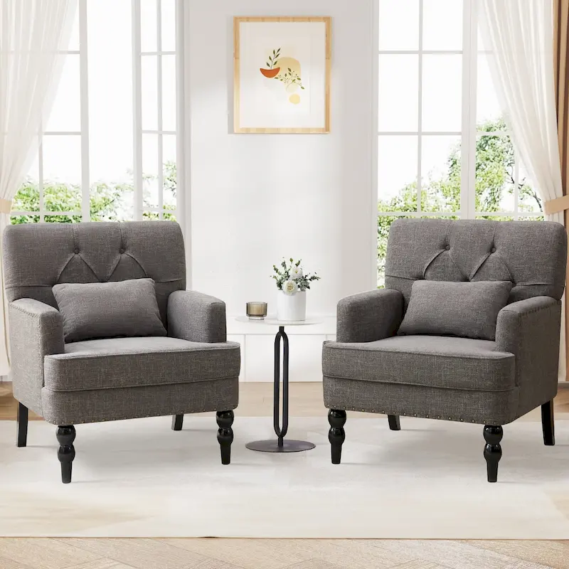 2 Arm Chair Upholstered Button Tufted Accent Chair with Lumbar Pillow Beige/Grey/Light Blue