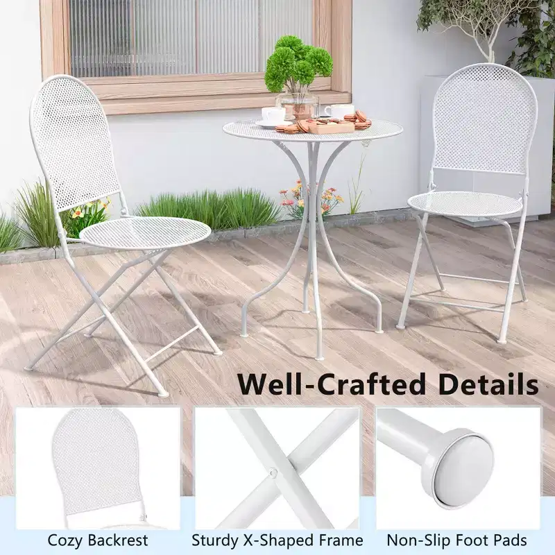 Costway 3 PCS Metal Bistro Set Round Table & 2 Folding Chairs with Rattan-Like Pattern Black/White