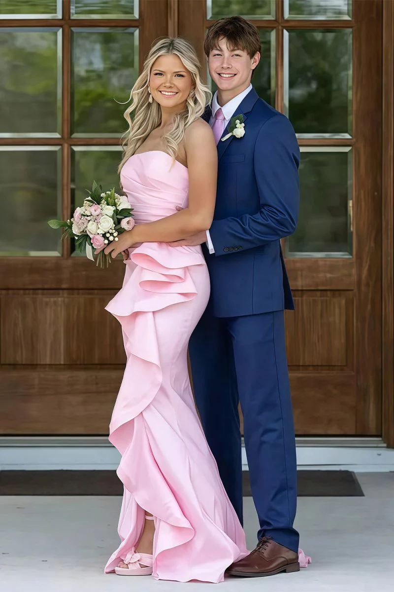 Pink Mermaid Strapless Satin Ruffled Long Prom Dresses with Slit