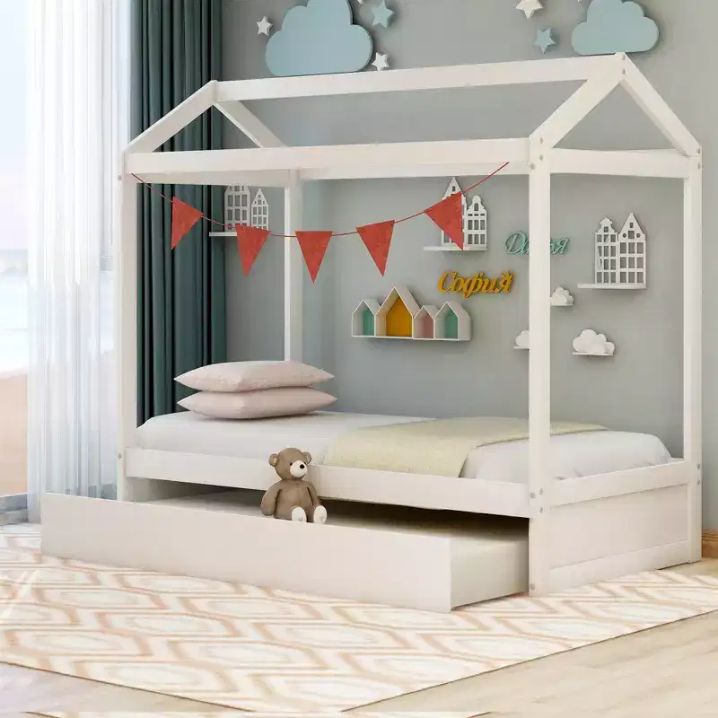 Bellemave Kids House Bed with Trundle, Roof Frame Design, Space-Saving Floor Bed for Two Children, Customizable Decor, White
