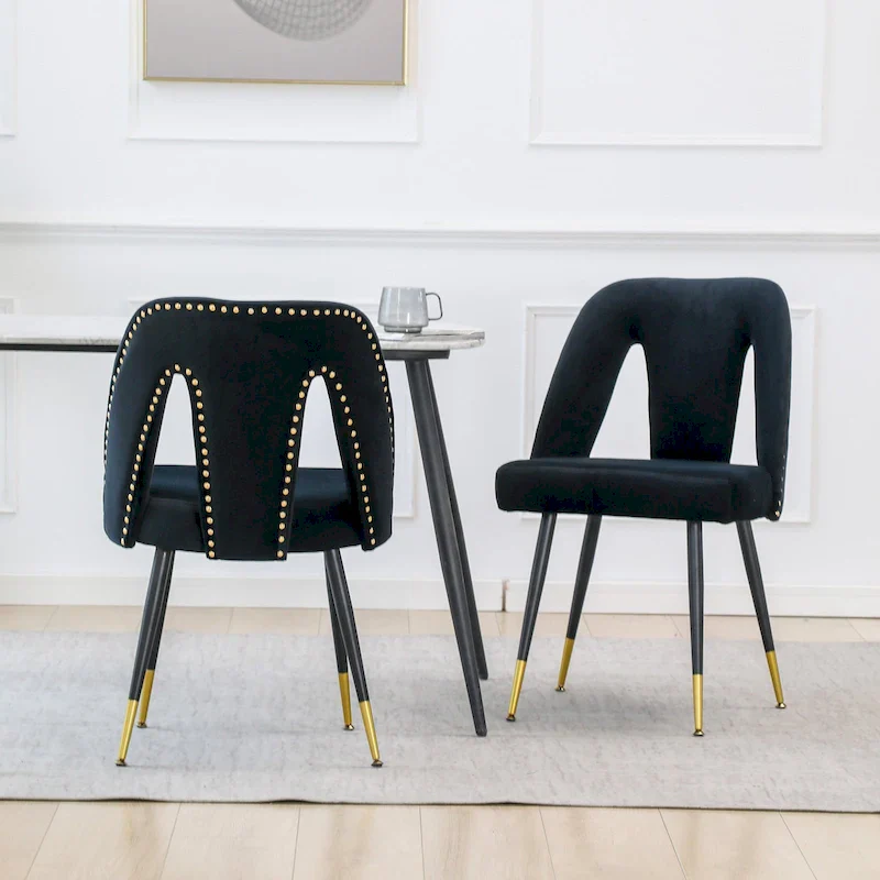Set of 2 Velvet Upholstered Dining Chair with Nailheads and Metal Legs