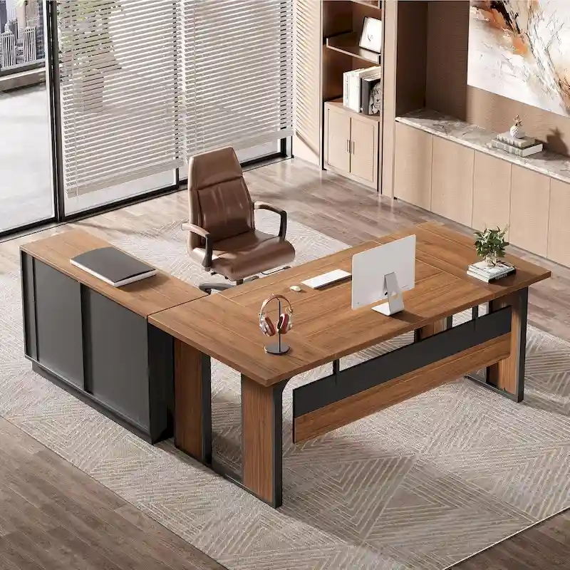 L Shaped Office Table with 47 Inch File Cabinet, Wood Business Furniture for Home Office