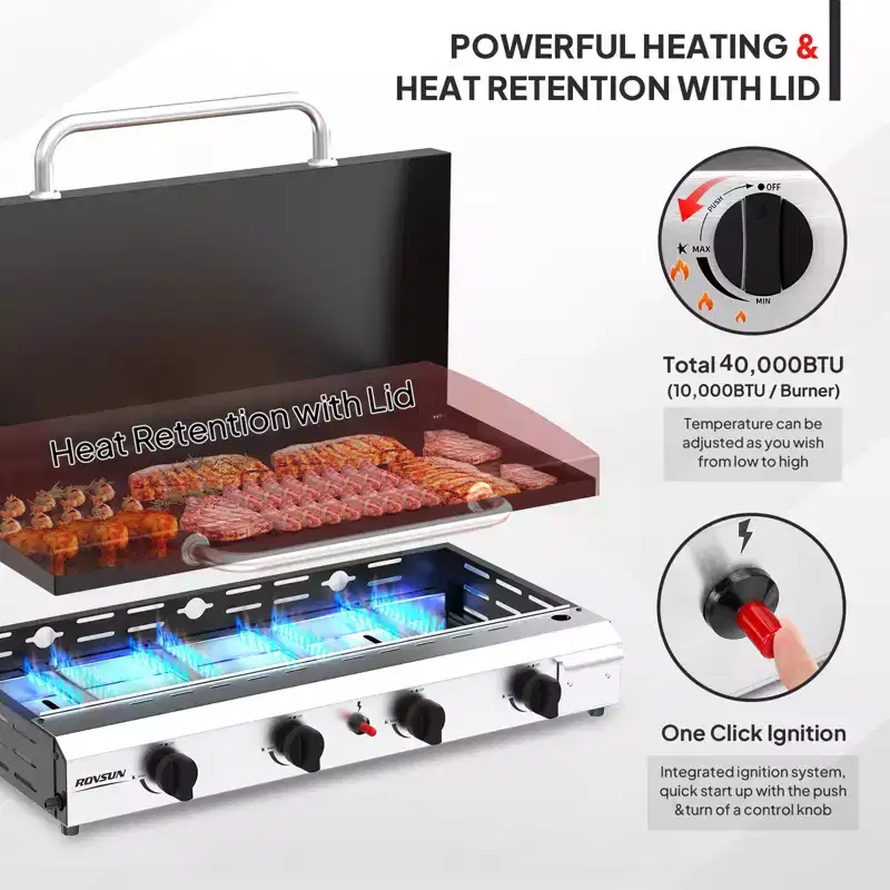 ROVSUN 4 Burner Propane Gas Griddle with Ignition and Regulator, 40000BTU Potatble Grill for Backyard Patio Outdoor Cooking BBQ