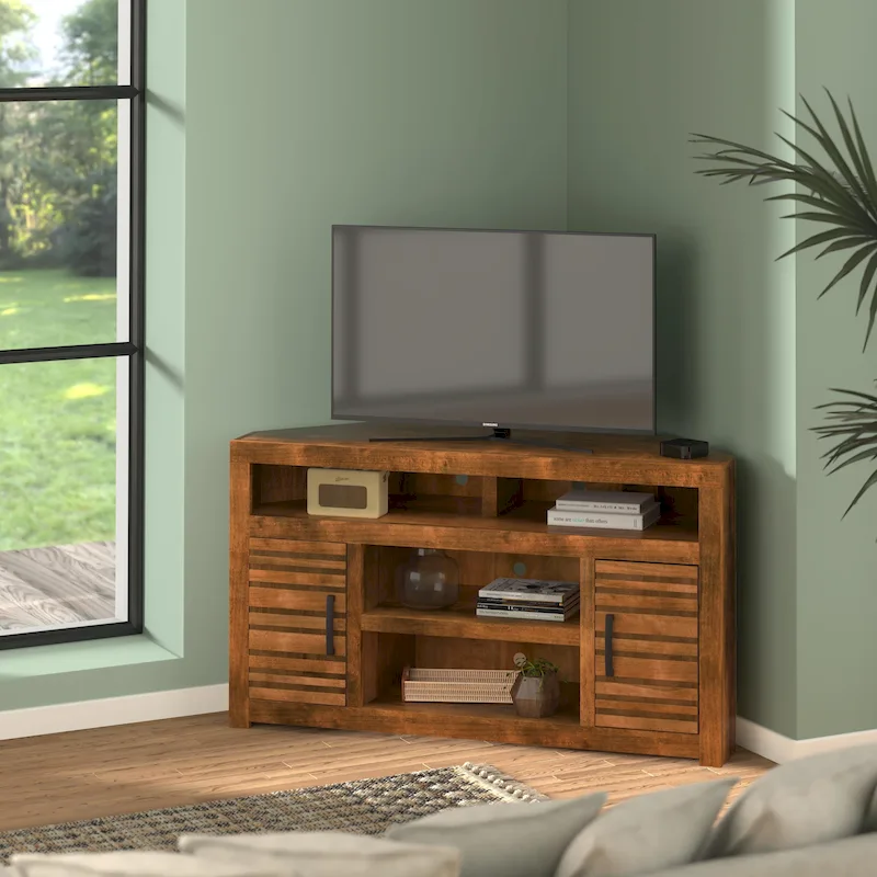 52 inch Corner TV Stand Console for TVs up to 55 inches, No Assembly Required, Whiskey Finish